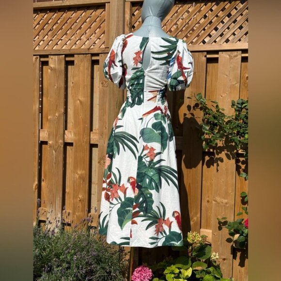 🆕 FARM Rio 🧿 NWOT Midnight Macaw Fiesta Linen Puff-Sleeve Midi Dress, Sz XXS - Picture 6 of 16